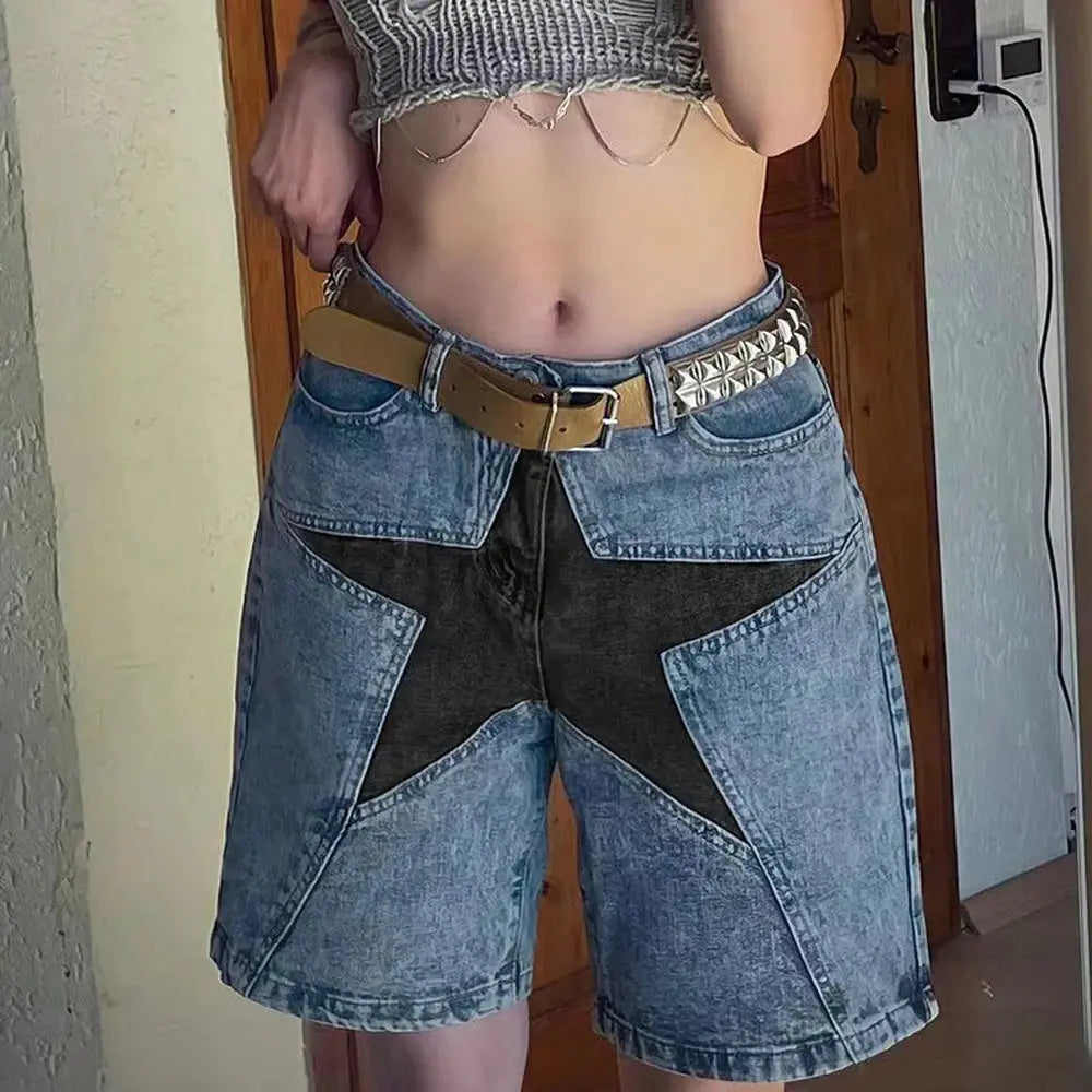 Star Patchwork Denim Shorts Retro Women MAWIS