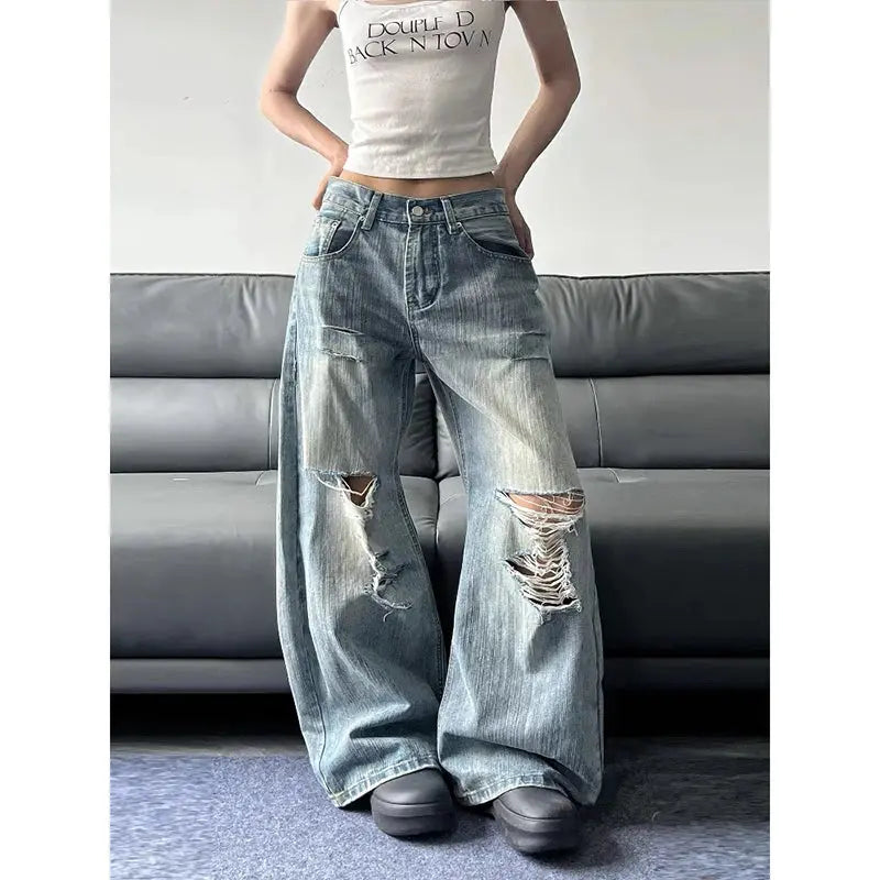 2025 Summer High Waist Ripped Women's Blue Jeans American MAWIS
