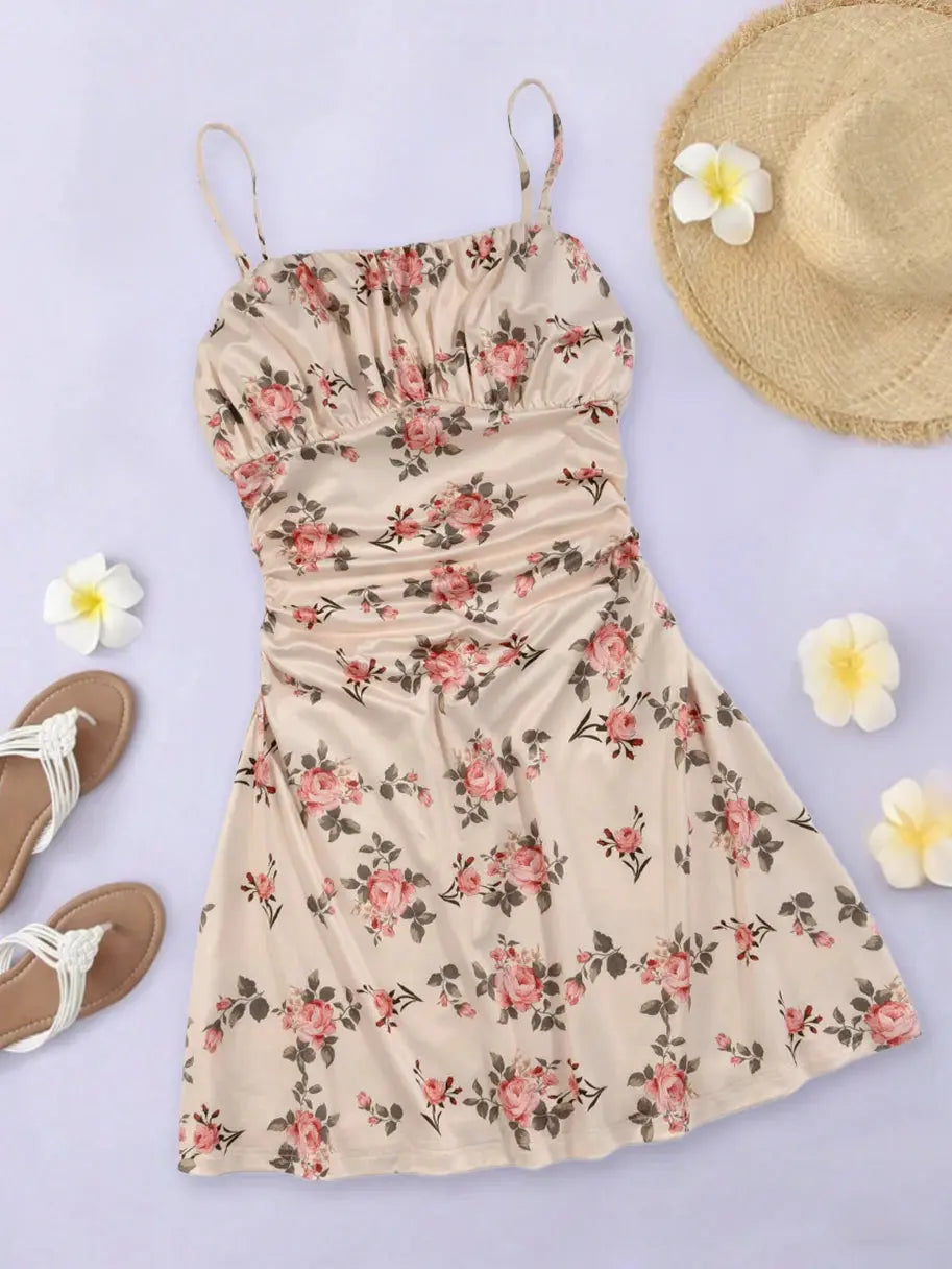 Robe Mini florale bretelles froncée femme - MAWIS