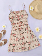 Robe Mini florale bretelles froncée femme - MAWIS