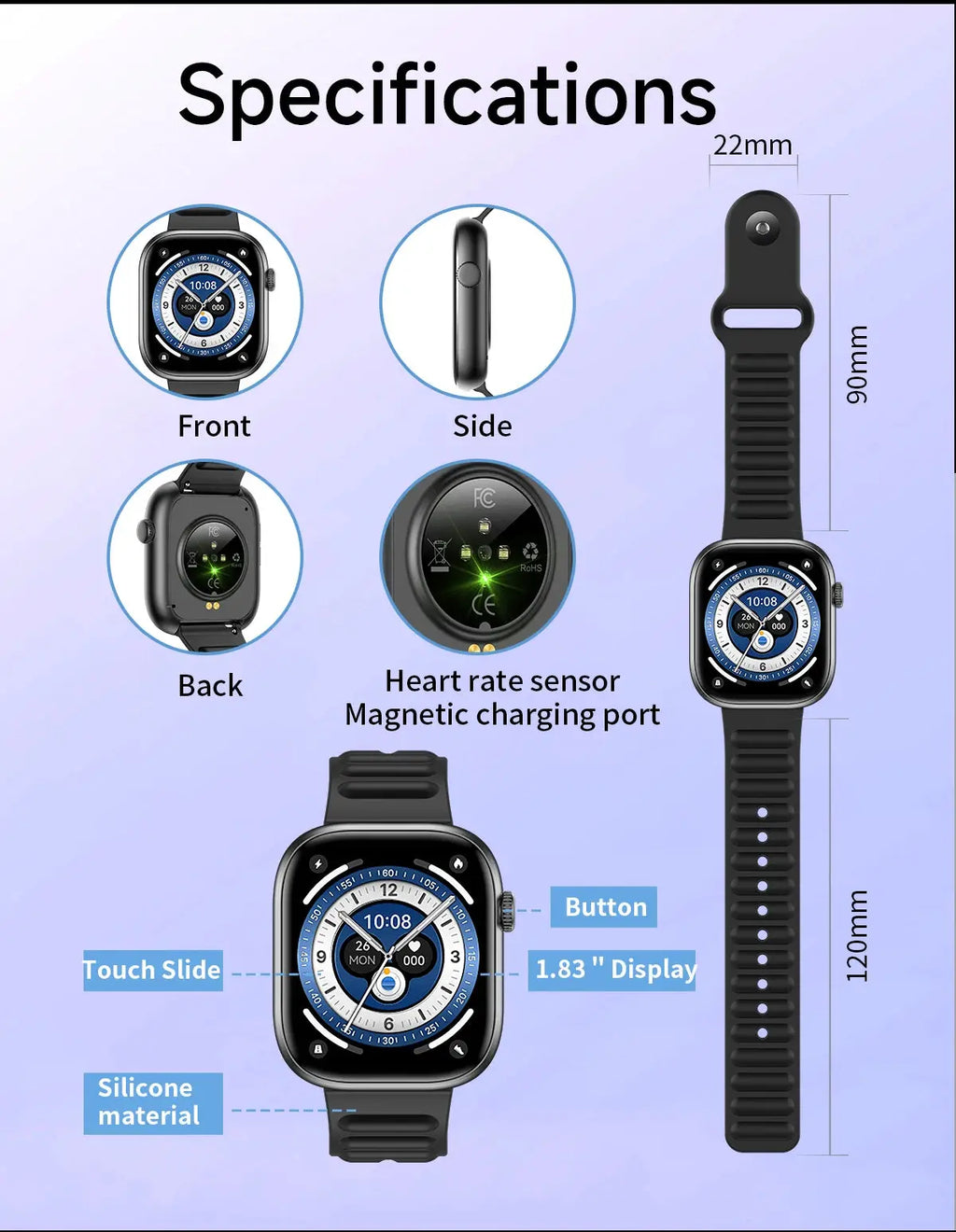 2026 T7 Smart Watch Ultra Thin Light 183 HD Large Screen Bluetooth Calling Heart Rate Sleep Monitor IP67 Waterproof for Sports MAWIS