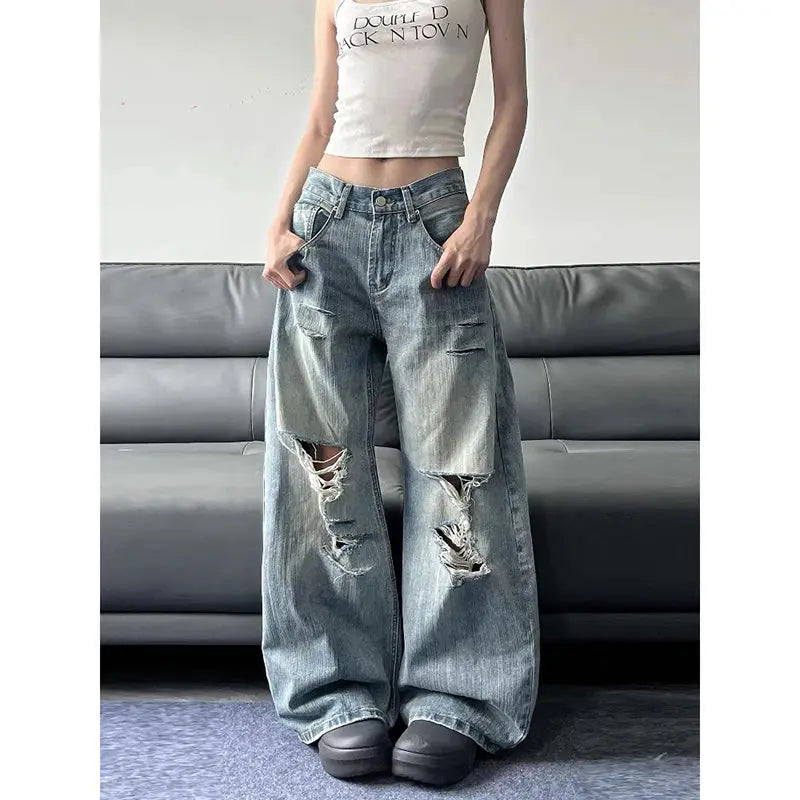 2025 Summer High Waist Ripped Women's Blue Jeans American MAWIS