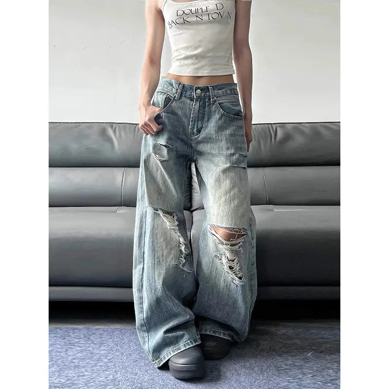 2025 Summer High Waist Ripped Women's Blue Jeans American MAWIS